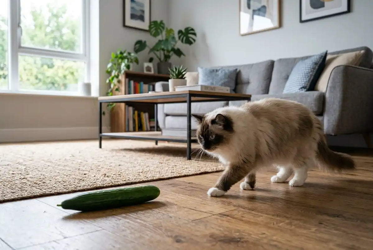 A ragdoll cat is carefully approaching a green cucumber left on a wooden floor.