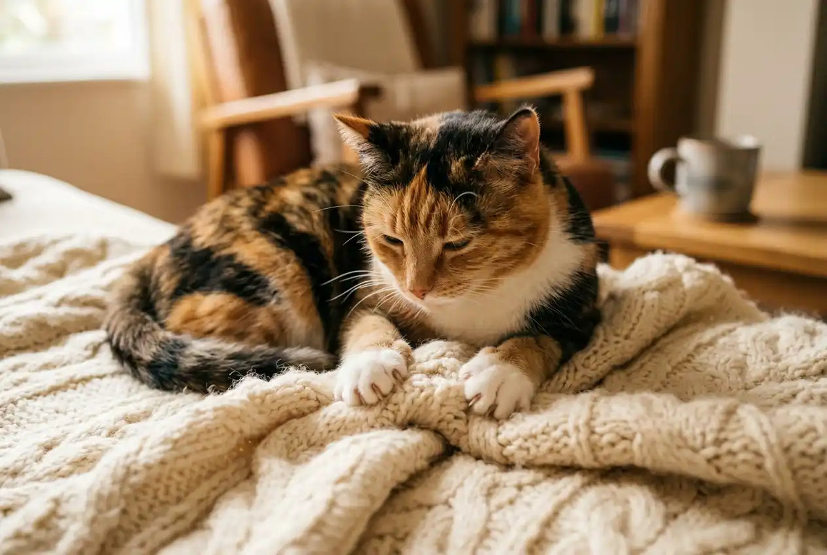 A calico cat is kneading on a beige blanket.