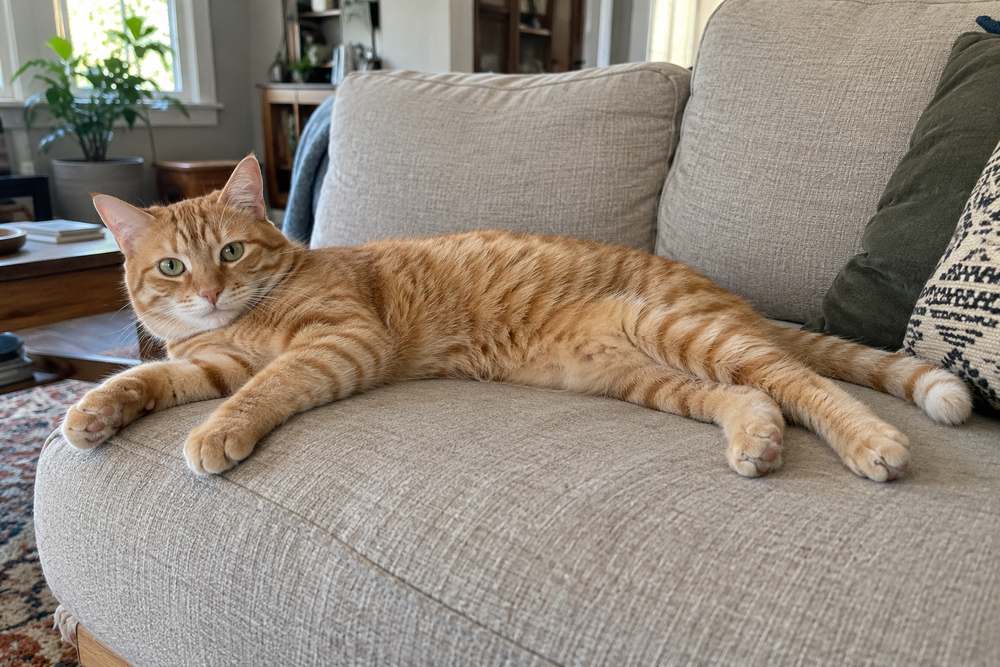 Orange tabby stretched out across a beige sofa seat.