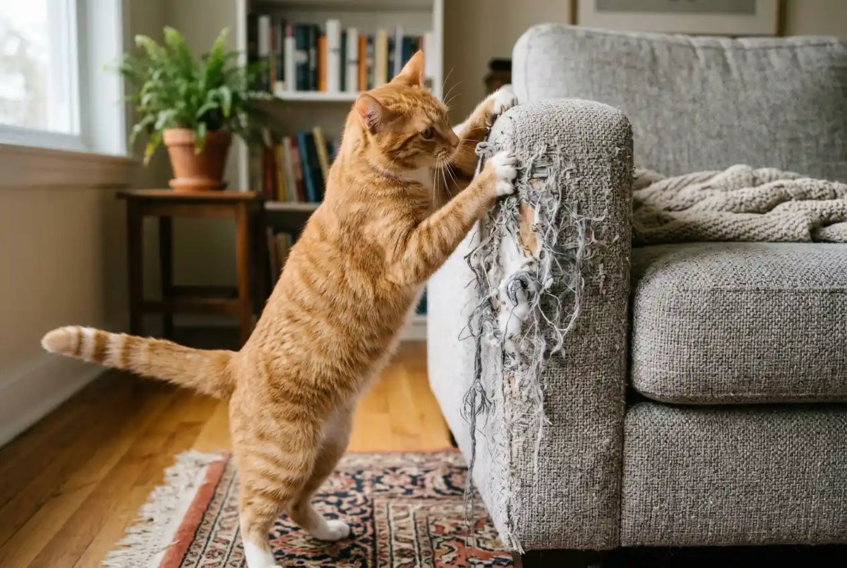 An orange cat is scratching the armrest of a gray couch. The armrest appears heavily torn.