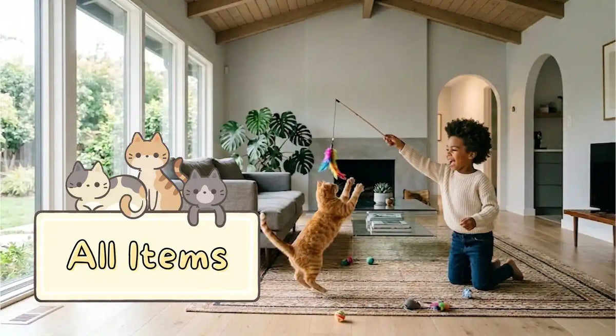A young child playing with an orange cat with a cat toy. A decorative text overlay says, "All Items".
