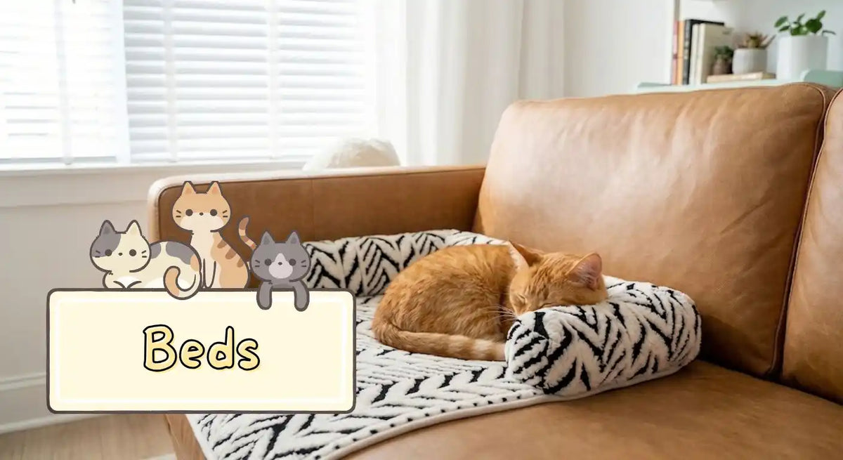 An orange cat is sleeping on top of a black-and-white patterned cat bed mat, placed on top of an upholstered, orange couch. A decorative text overlay on the bottom left reads, "Beds".