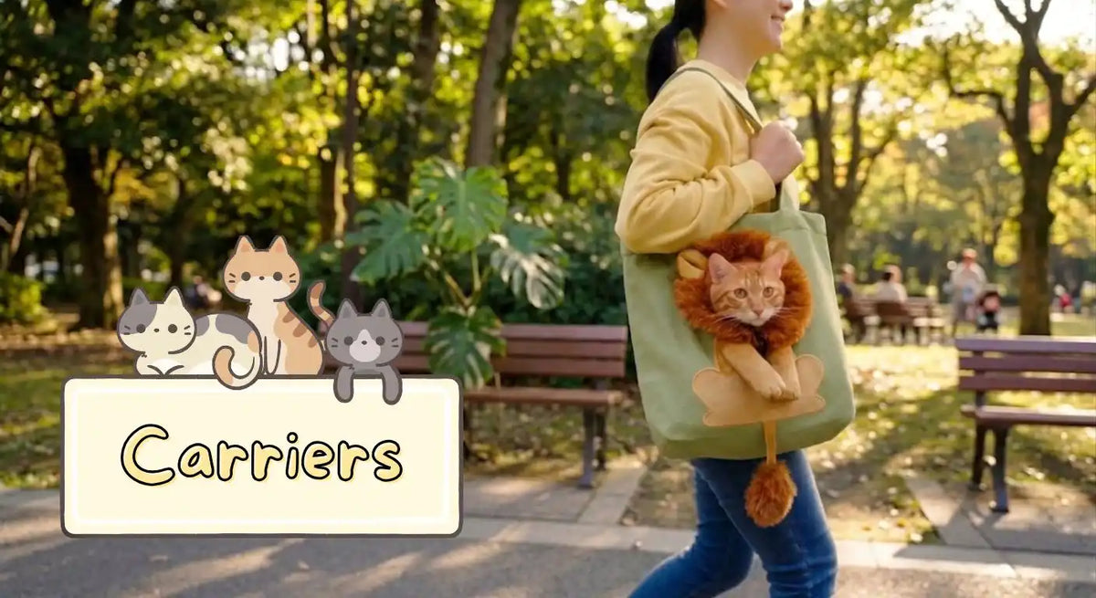 A woman in a yellow sweater is walking in a park, carrying a green tote bag with a cartoon lion decoration on it. The head of the lion is a hole where the head of an orange cat is popping out. A decorative text on the bottom left corner reads, "Carriers".