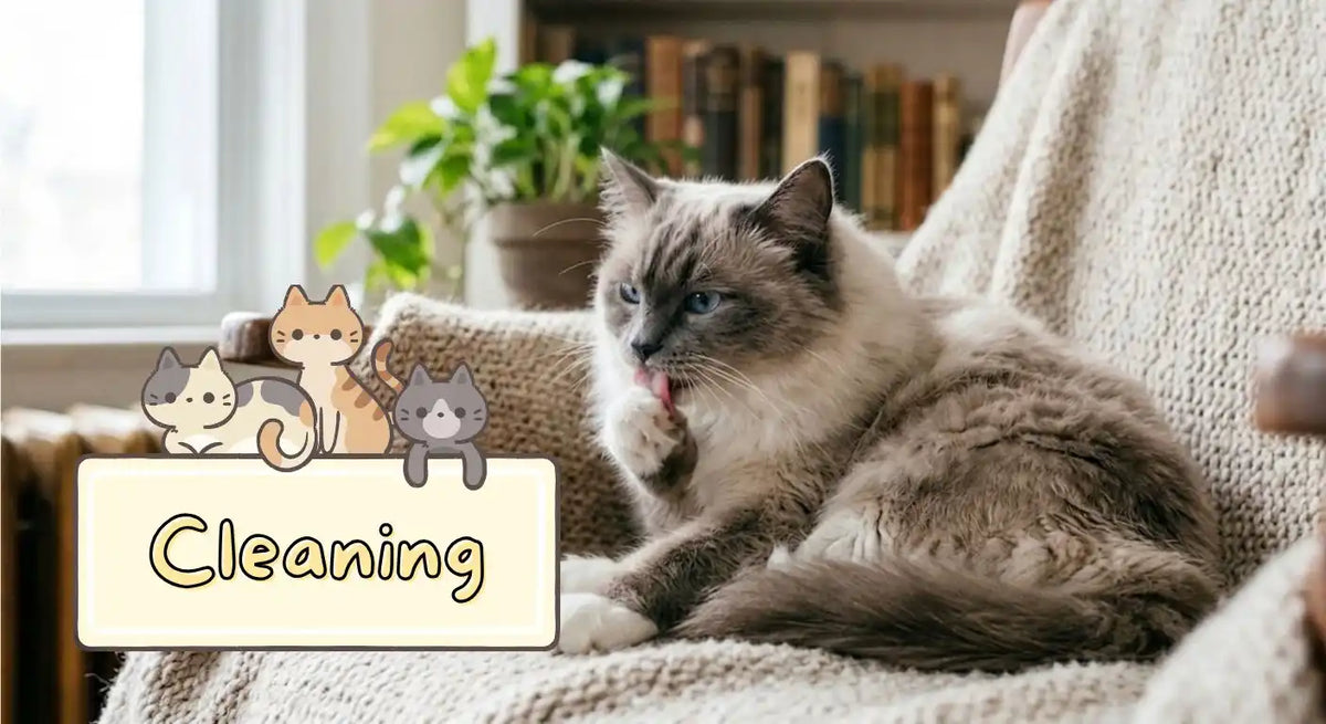 A fluffy gray and cream cat sits on a beige knit blanket in a cozy indoor setting, licking its paw. A cream-colored sign overlay at the bottom left reads 'Cleaning' with small cartoon cats above it.
