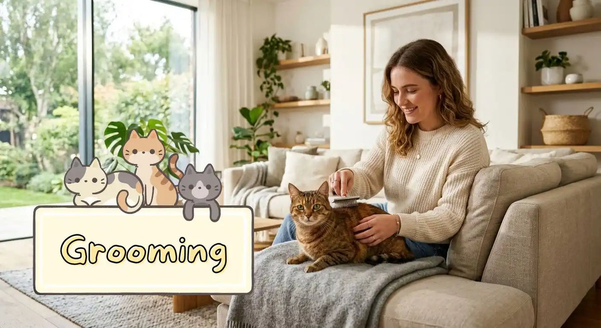 A young woman combing a cat's fur. A decorative text overlay says, "Grooming".