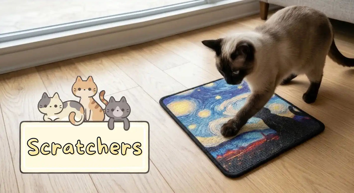 A Siamese cat scratching a scratch mat in the style of Van Gogh's The Starry Night. A decorative text overlay says, "Scratchers".