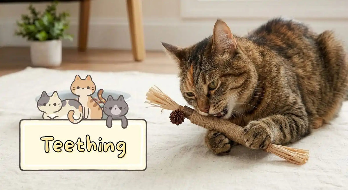 A cat biting a cat chew toy stick, wrapped with rope. A decorative text overlay says, "Teething".