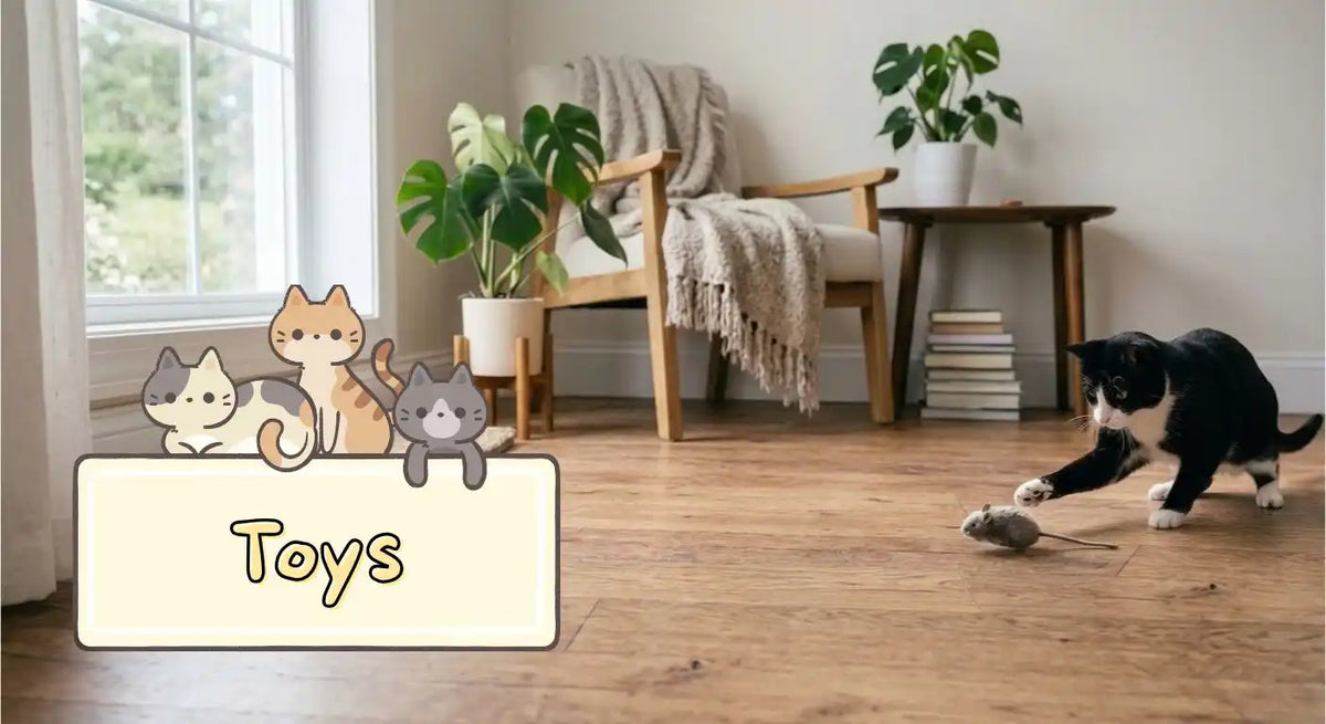 A black-and-white cat plays with a small toy on a wooden floor in a bright living room. On the left is a cream sign with cartoon cats and the word 'Toys'.