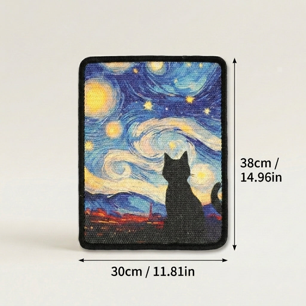 A cat scratch mat featuring a black cat silhouette against a swirling blue, yellow, and white night-sky style background, shown on a light gray background with dimension labels reading 30cm by 38cm.