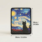 A cat scratch mat featuring a black cat silhouette against a swirling blue, yellow, and white night-sky style background, shown on a light gray background with dimension labels reading 30cm by 38cm.