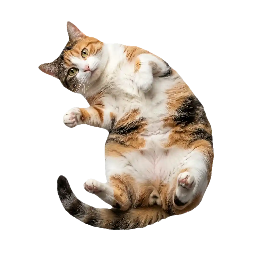 A calico cat lying on its back in a playful pose.