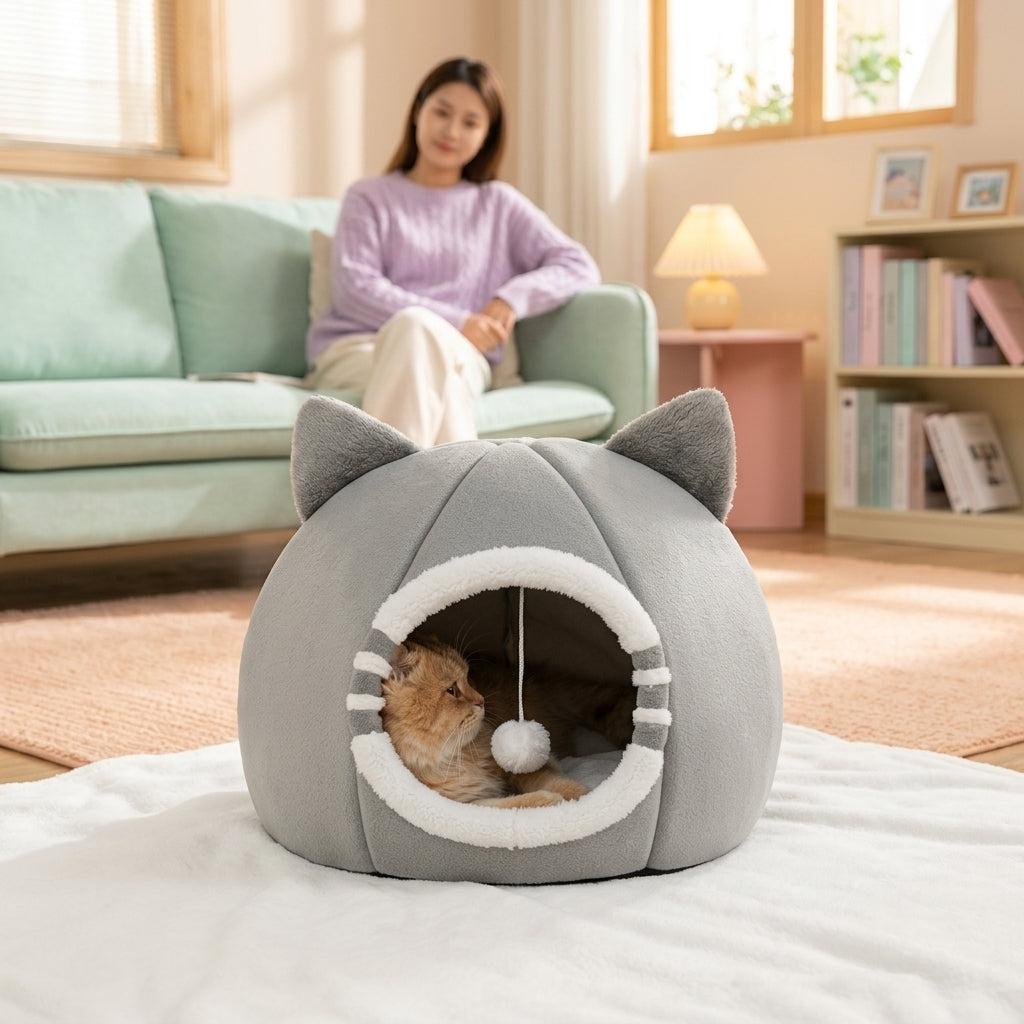 A gray cat bed with cat-ear tops and a circular opening, shown in a living room with a cat inside. A woman sits on a mint green sofa in the background.