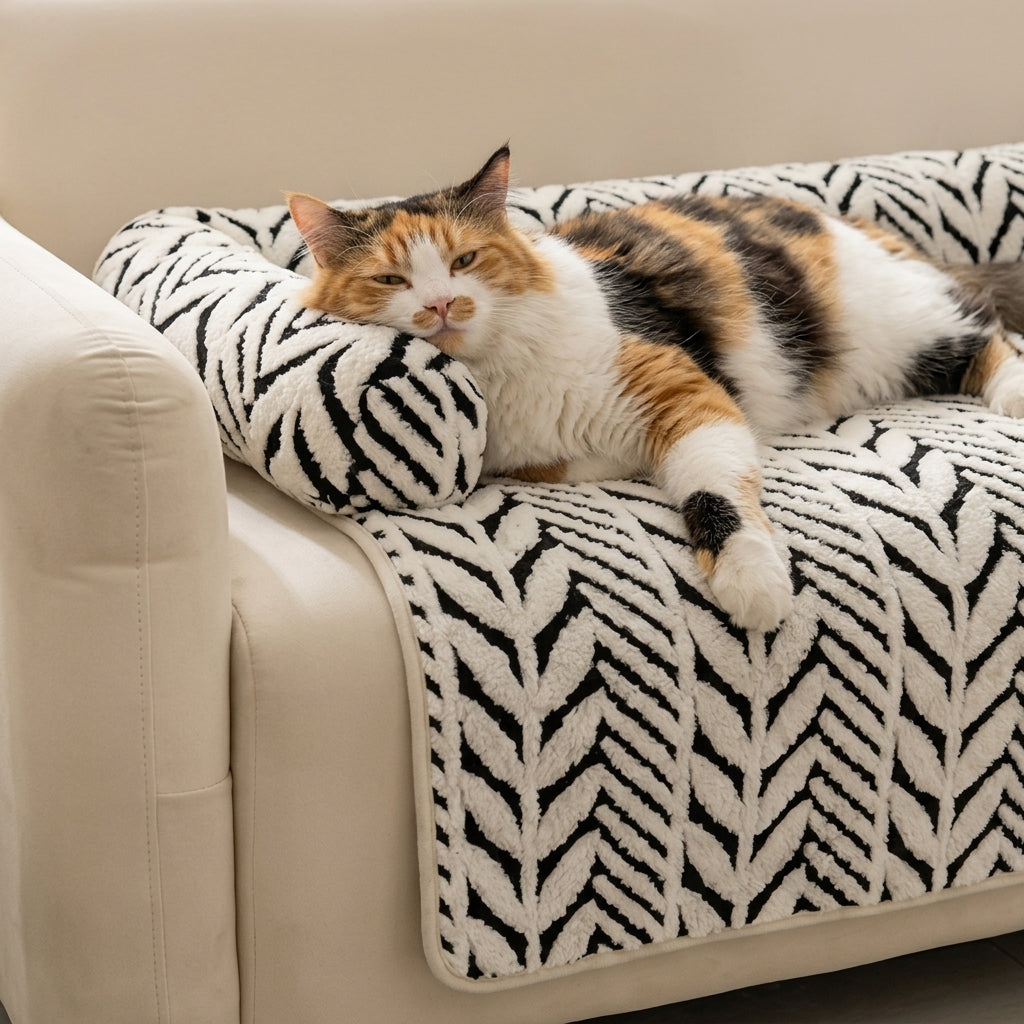 A calico cat lies on a cream sofa covered with a black-and-white patterned cat bed mat with bolsters.