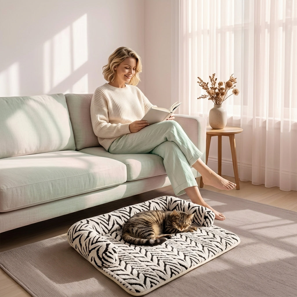 A cozy living room scene with a woman sitting on a pale green sofa reading a book, while a tabby cat rests on a black-and-white zebra-patterned pet bed on the floor. A small wooden side table with a vase of dried flowers stands near the window with sheer curtains.