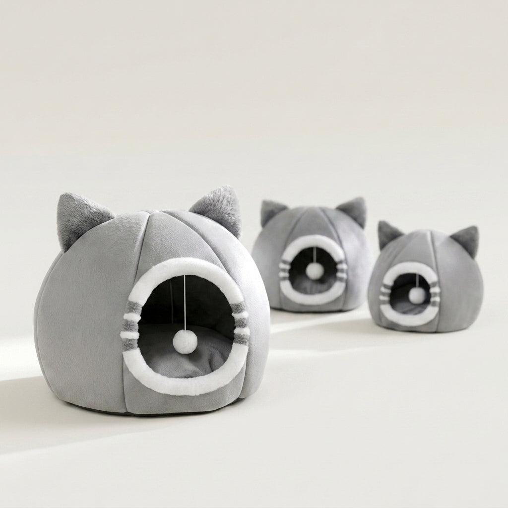 Three gray cat-shaped plush pet beds with white trim and ear details, arranged in a row on a clean white studio background. The largest bed is in the foreground.