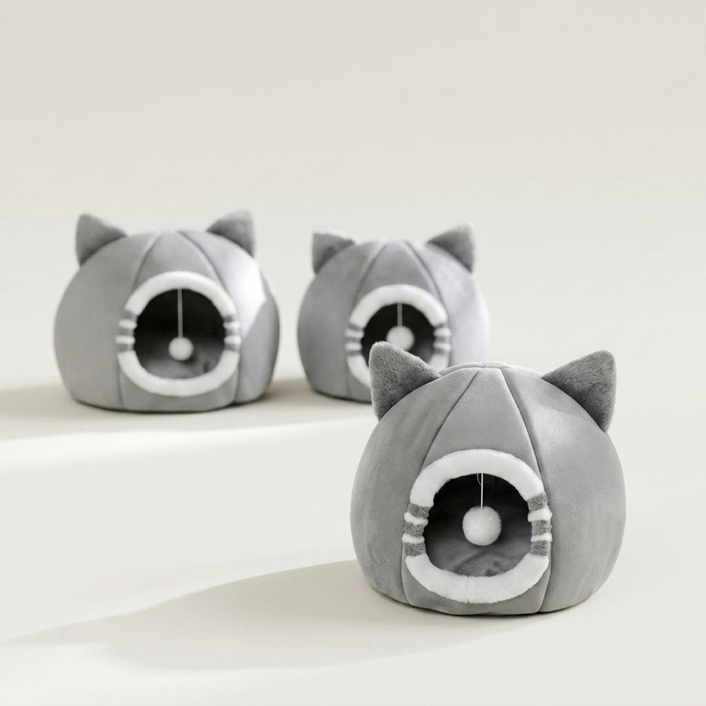 Three gray cat-shaped plush pet houses arranged on a white display riser against a light gray background. The smallest bed is in the foreground.