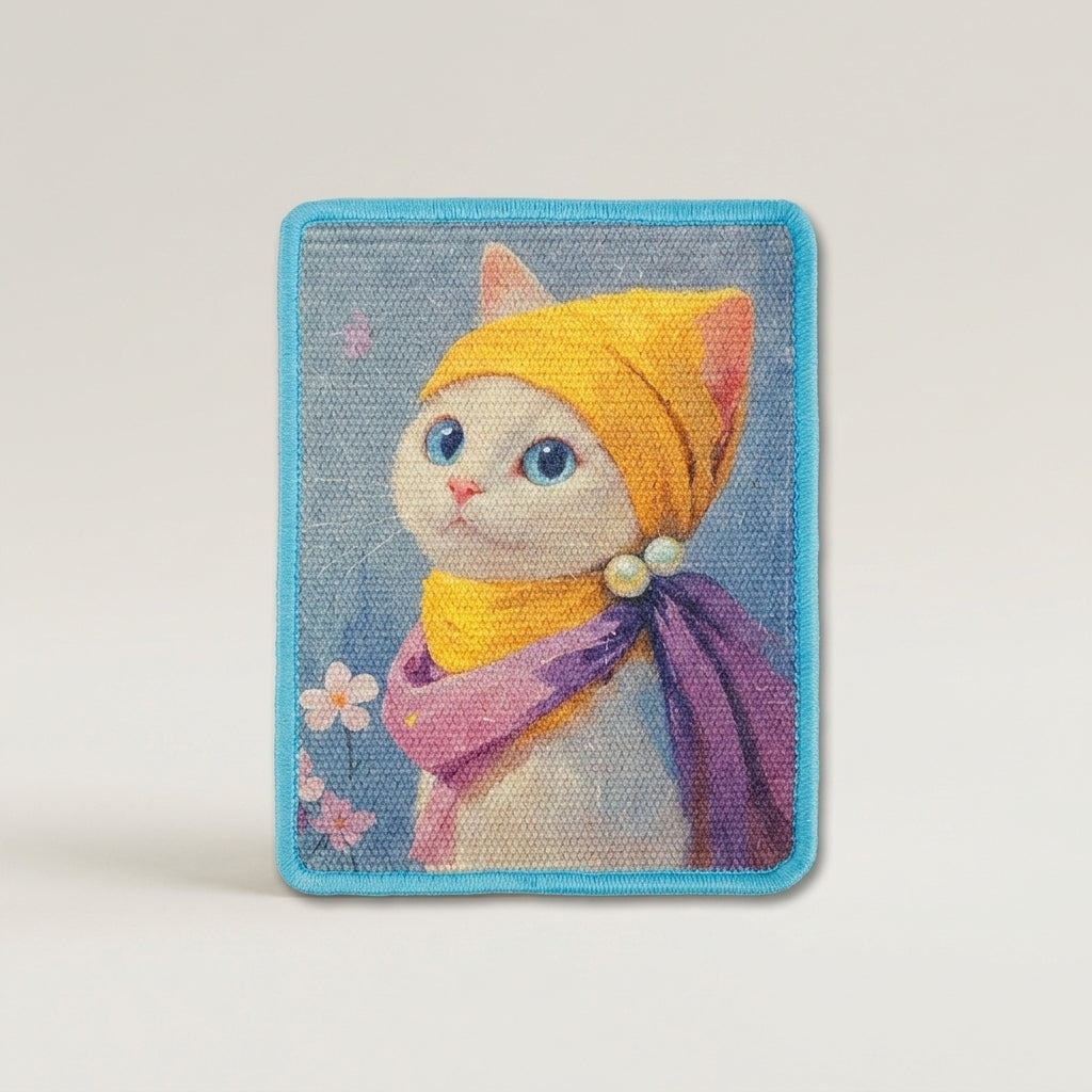 A cat scratch mat featuring a cute white cat wearing a yellow headscarf and purple scarf against a blue background, finished with a bright blue border.