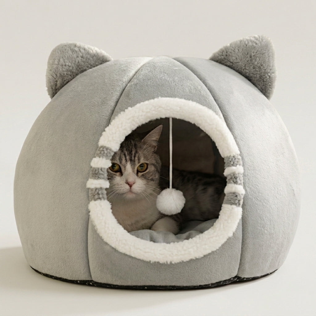 A gray plush cat house with ear-like protrusions, a circular opening lined with white fleece, and a hanging white pom-pom toy. A gray tabby cat is sitting inside the house against a clean white background.