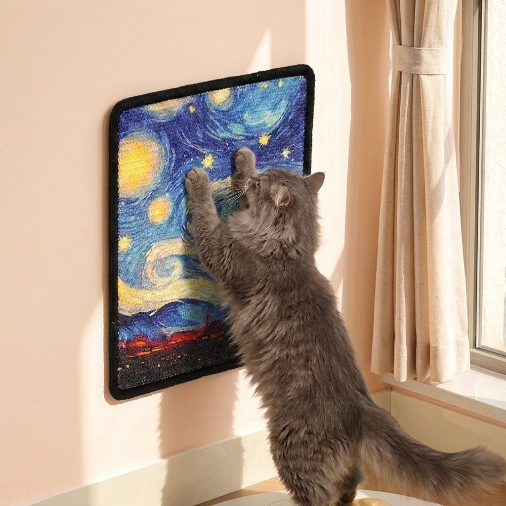 A gray cat stands on its hind legs and reaches up to a rectangular wall-mounted art panel showing a swirling blue, yellow, and black starry sky design, in a sunlit room with beige curtains by a window.