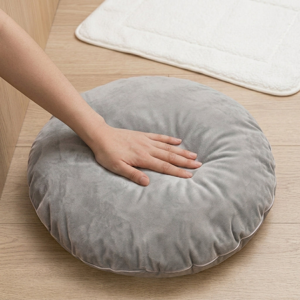 A round gray plush cushion or floor pad on a light wood floor, with a person's hand resting on top. A white quilted mat is partially visible in the background.