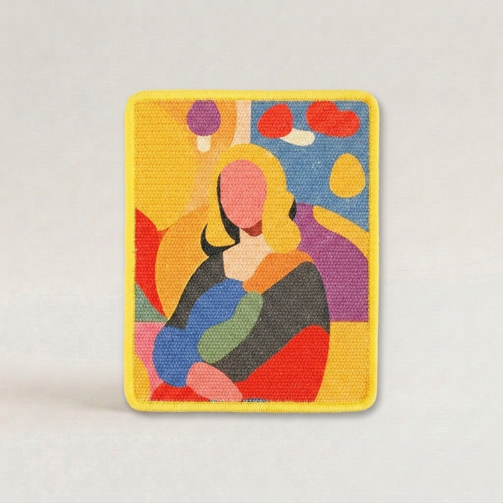 A cat scratch mat art print featuring an abstract, colorful depiction of a seated figure, framed by a bright yellow border, set against a neutral light gray background.