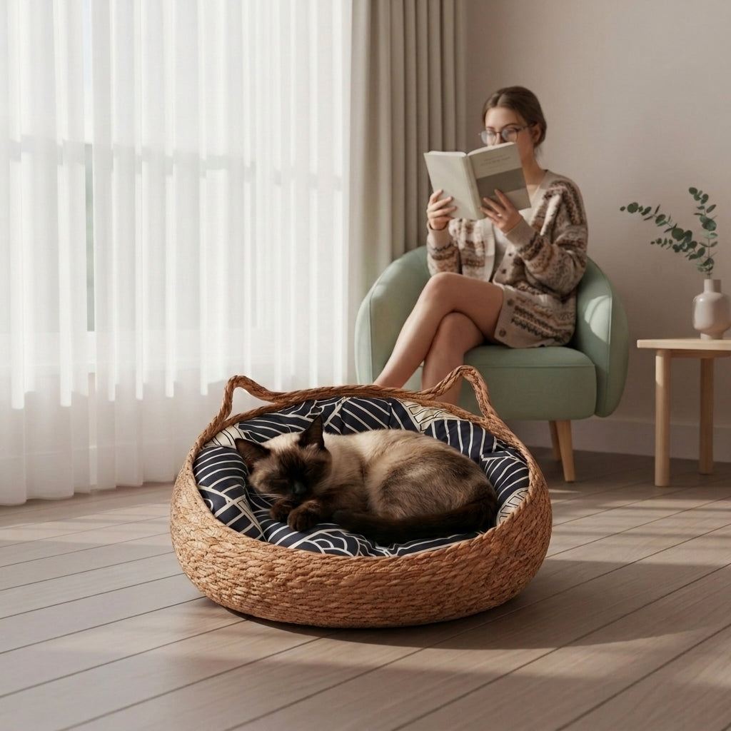 A round woven basket pet bed with a cat sleeping inside, placed on a wooden floor in a bright living room. A woman sits in a green armchair reading a book in the background.