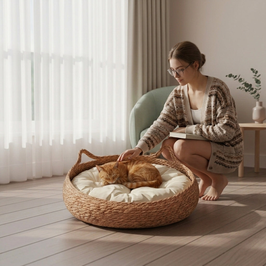 A woman crouches beside a woven round pet bed on a wood floor, gently petting a sleeping orange cat resting on a cream cushion inside the bed. The room has sheer white curtains, a light green chair, and a small side table in the background.