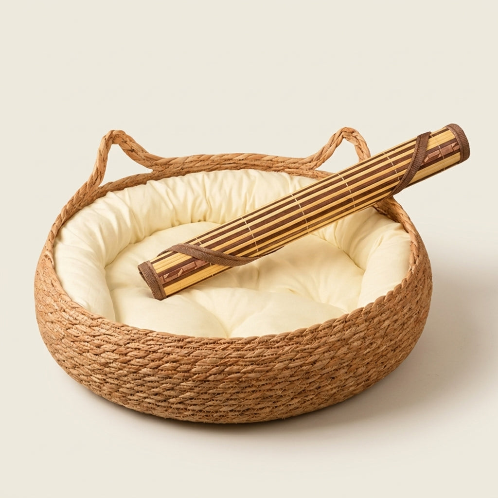 A round woven pet bed with a white cushion, shown on a light beige background with a bamboo rolled mat placed inside.
