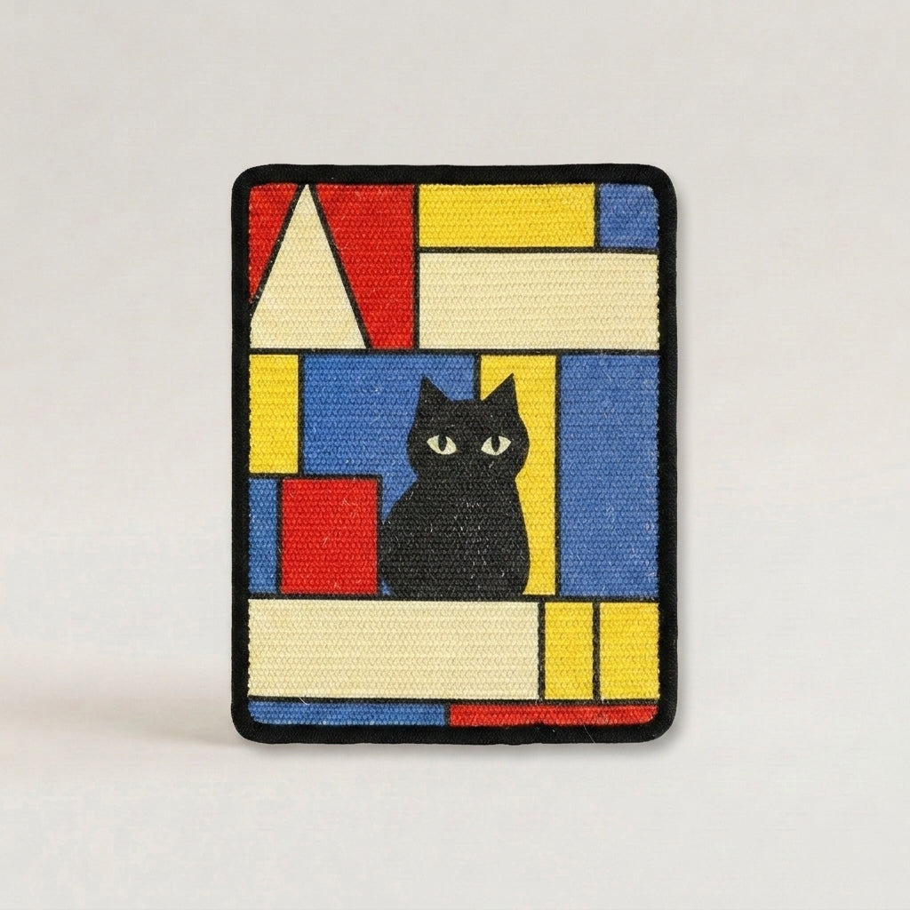 A cat scratch mat featuring a black cat centered within a Mondrian-style geometric block pattern in red, yellow, blue, and cream, finished with a black stitched border on a light gray background.