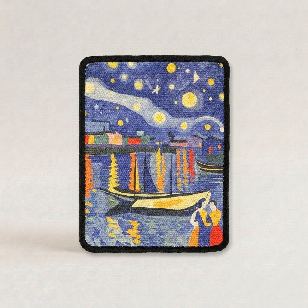 A cat scratch mat featuring a stylized night harbor scene inspired by Van Gogh's Starry Night, with a black stitched border on a light gray background.