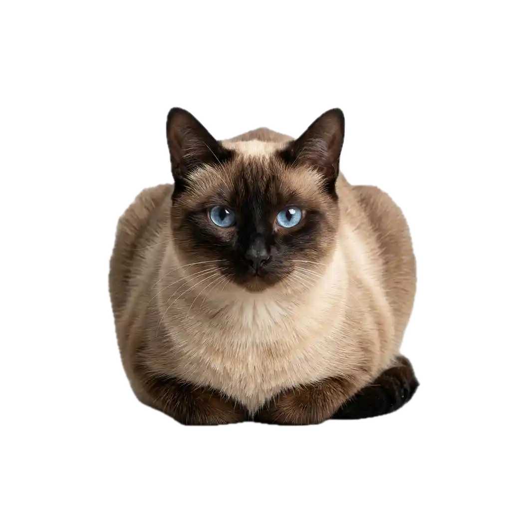A Siamese cat with blue eyes resting with its front paws and tail tucked under its belly, seemingly in a "loaf" position.