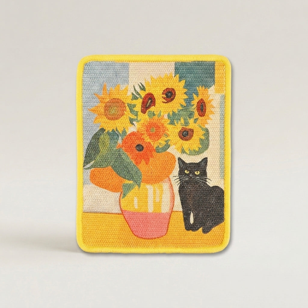 A cat scratch mat with a bright yellow border, featuring a colorful illustration of sunflowers in a vase and a black cat on a light gray background.