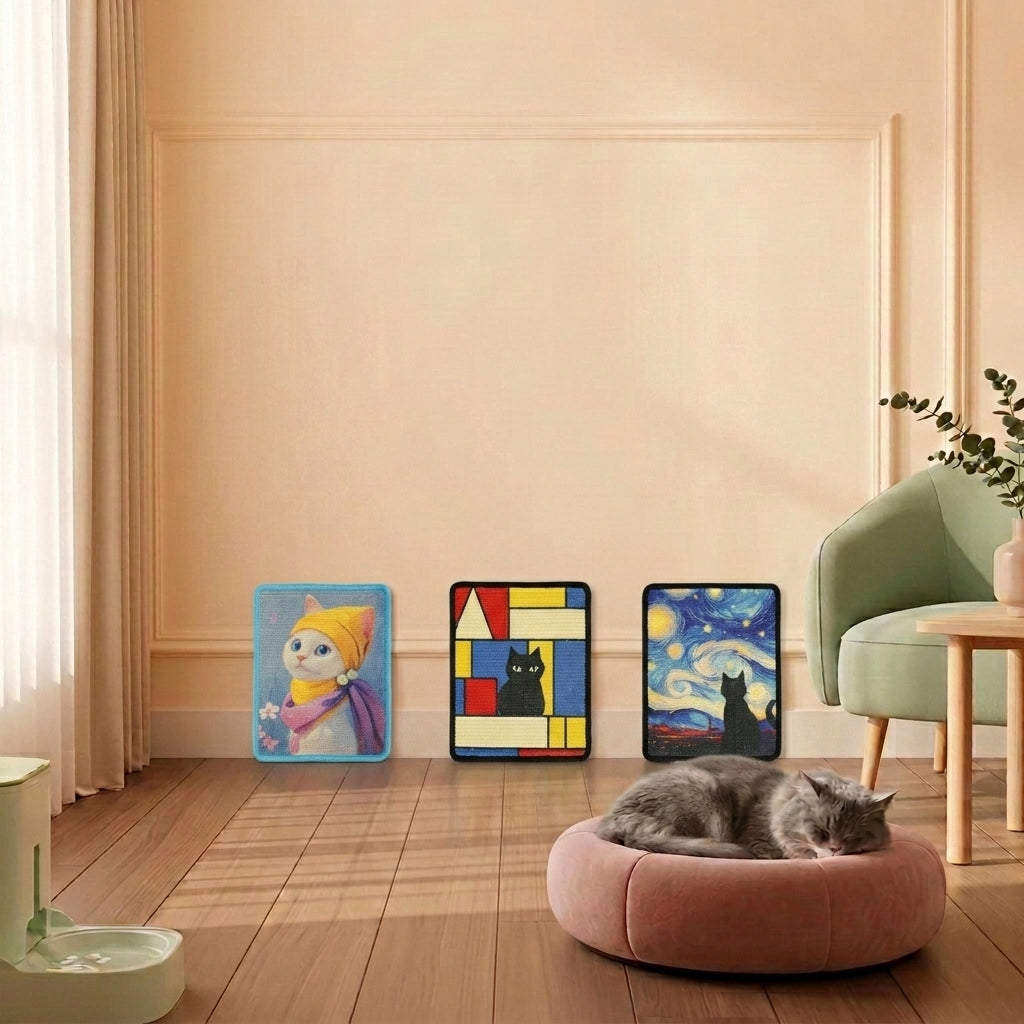 Three decorative pet art prints displayed on a beige wall in a styled room, with a gray cat sleeping on a round pink pet bed in the foreground.