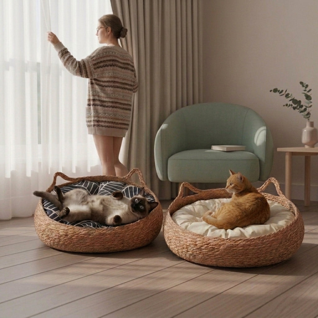 Two round woven pet beds with cushion tops are shown in a softly lit room. One cat lies on its back in the left bed, and an orange cat sits on its back in the right bed.
