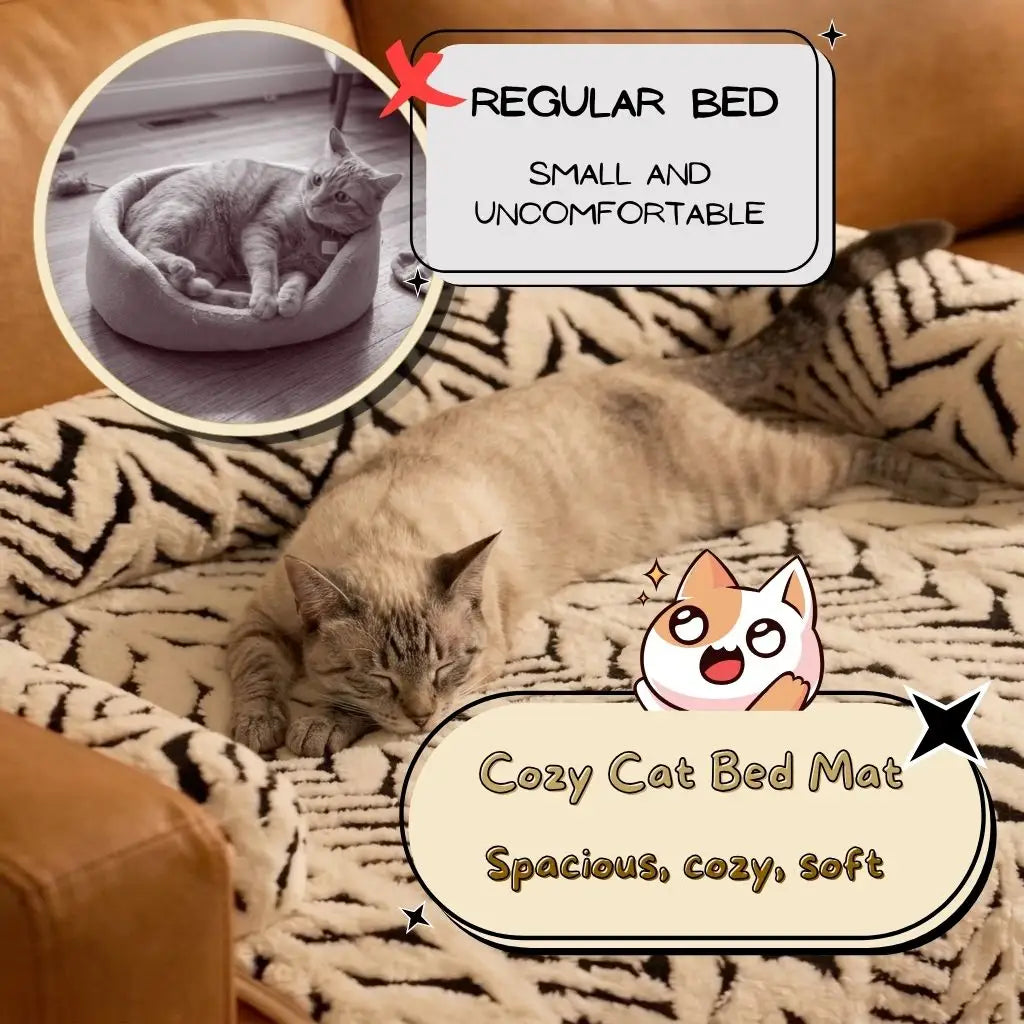 A white and gray cat lies on a patterned black-and-black cat bed mat in a living room setting. An inset photo shows a cat curled up in a regular bed placed on the floor, with text comparing it to the 'Cozy Cat Bed Mat' which is described as spacious, cozy, and soft.