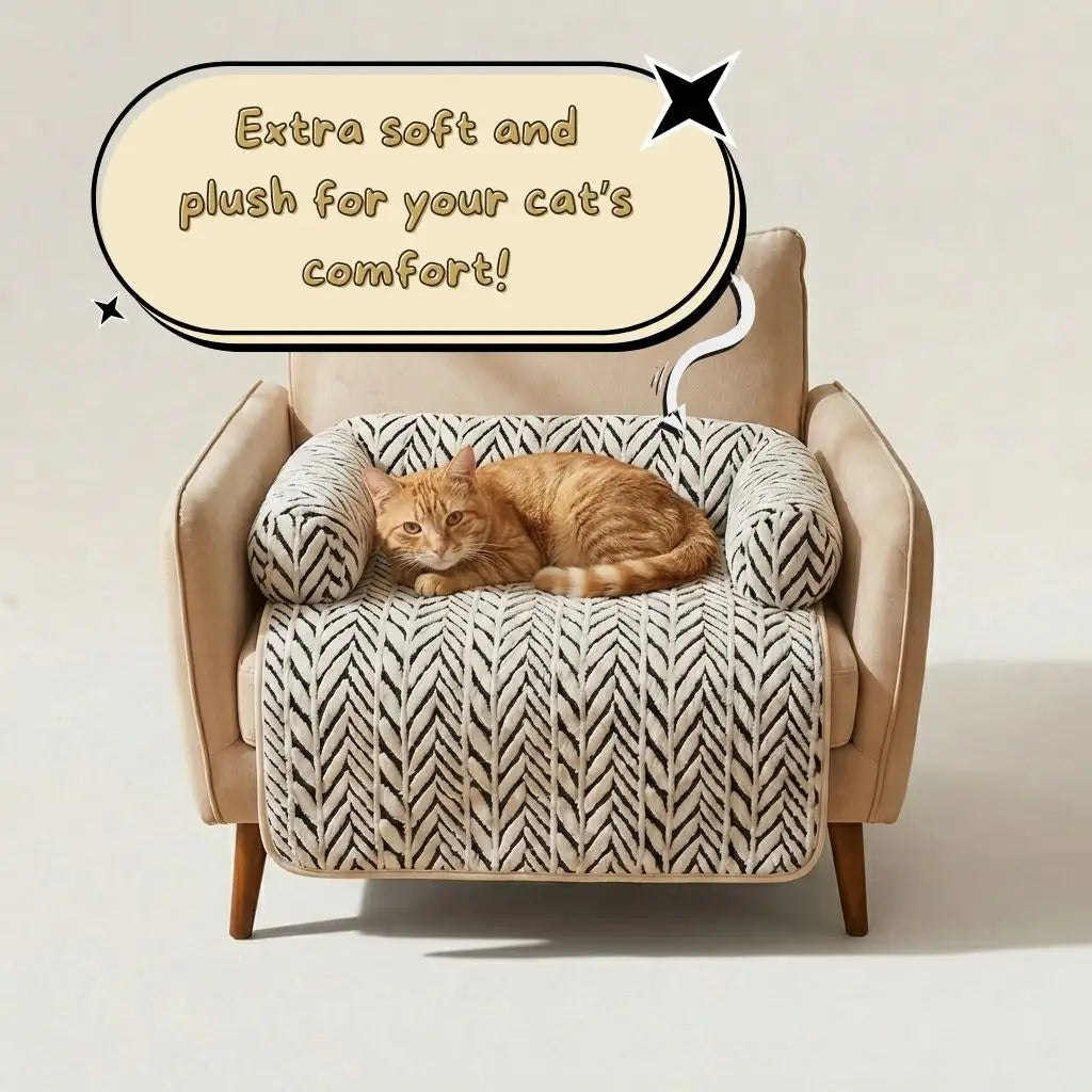 A cat bed mat with a patterned cushion and U-shaped side bolsters, shown on an armchair with an orange tabby cat resting on top. A speech bubble says 'Extra soft and plush for your cat's comfort!' against a plain light studio background.