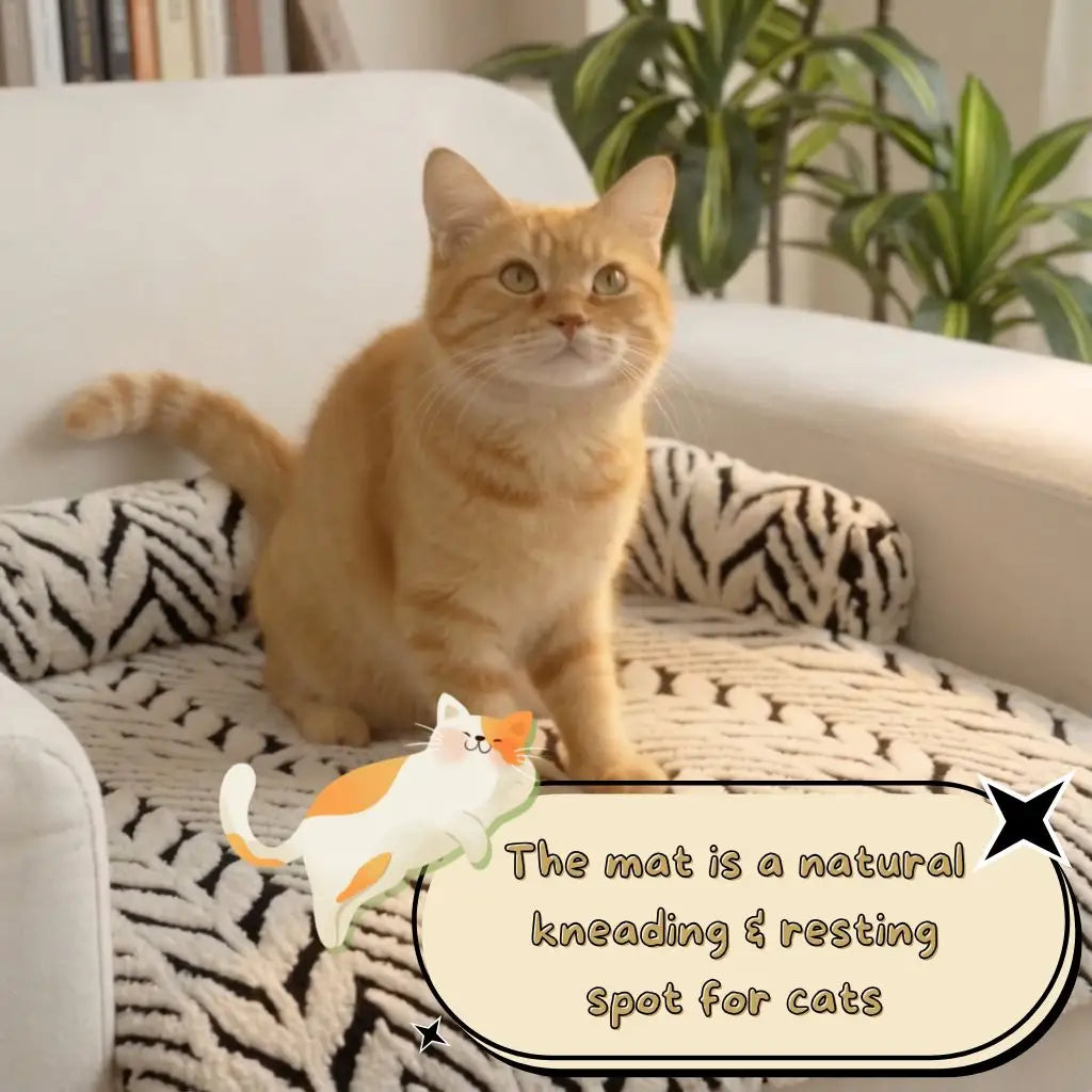 An orange tabby cat sits on a cream upholstered armchair with a black-and-white zebra-patterned pet bed mat. A decorative text bubble at the bottom reads, 'The mat is a natural kneading & resting spot for cats.