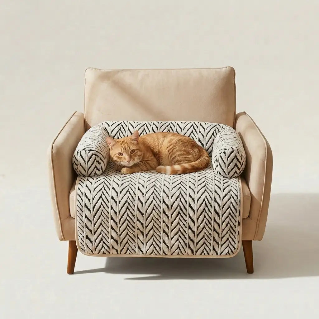 A beige upholstered armchair with wooden legs, styled with a white and black herringbone-patterned pet bed and a sleeping orange tabby cat on top, set against a plain beige studio background.