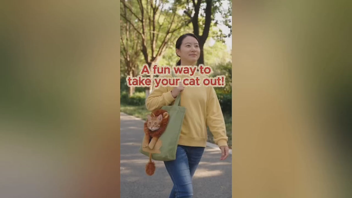 A woman wearing a yellow sweater is walking in a park, carrying a green tote bag with a cartoon lion decoration on it. The head of the lion is a hole where a cat's head is popping out.