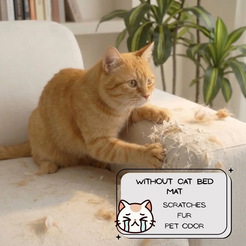 An orange tabby cat sits on a white upholstered sofa, scratching at the sofa's armrest, leaving a pile of shredded fabric, fur and debris. A text box in the lower right reads 'WITHOUT CAT BED MAT SCRATCHES, FUR, PET ODOR' with a small crying cat illustration.