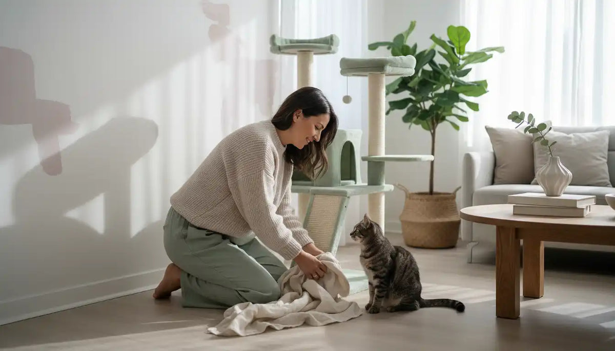 A woman holding a white towel in front of a tabby cat, with a green cat tree in the background, set in a bright, modern living room.